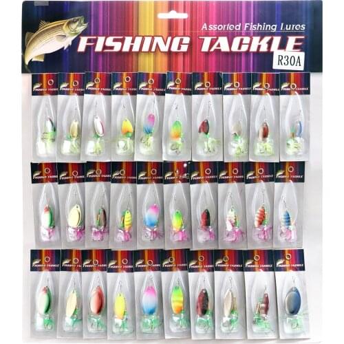 30Pcs/Card Assorted Fishing Lures Spinner Metal Spoon Fishing Spinners Hard Baits with Feather Crankbaits Fishing Wobblers Pesca