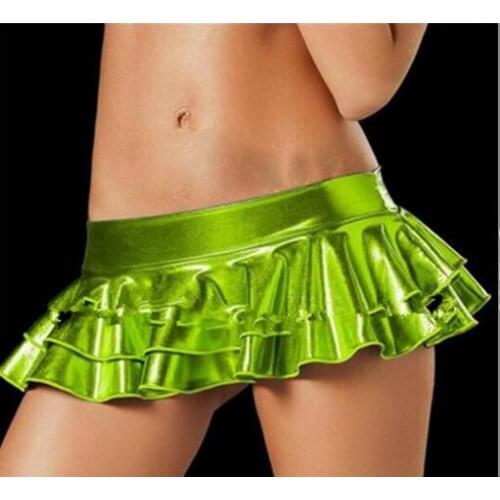 5pcs Blue,Black,Gold,Silver,Rose Red 5 Colors Sexy Luminous Miniskirt Women Metallic Faux Leather Pleated Mini Skirt
