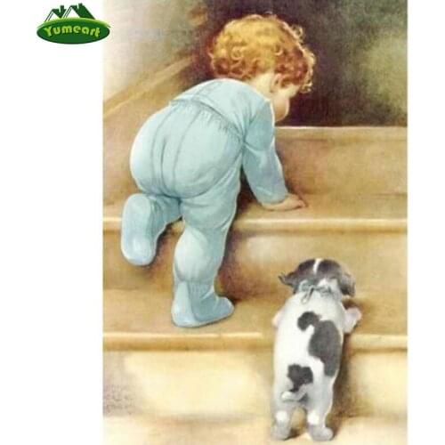 YUMEART Diamond Painting Baby Boy and Dog Go To Sleep Diamond Embroidery Good Night World Painting for Childrens Room Sticker