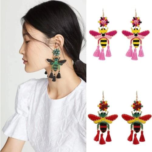 Bohemian Handmade Bead Jewelry for Women Thread Tassel Chain Fringe Long Earrings Cute Crystal Insect Bee Fashion Earring Brinco
