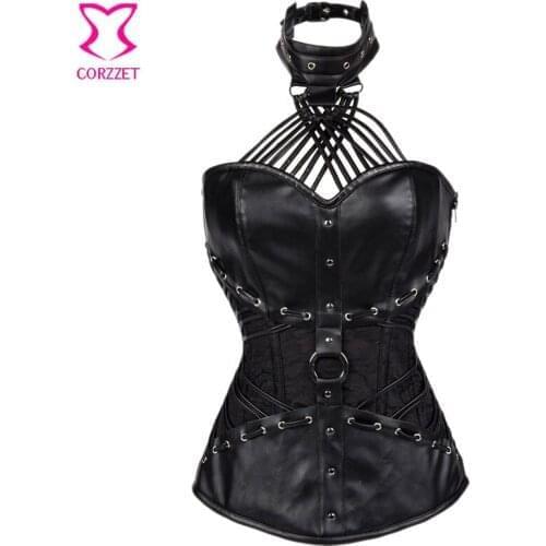 Black Brocade & Leather Armor Steampunk Corset Steel Boned Corsets Plus Size Women Corpetes E Espartilhos Sexy Corselet Overbust