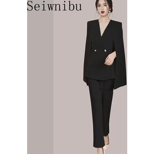 Business Autumn Women 2 Piece Set Formal Notched Collar Shawl Blazer With Cloak Sleeve+OL Pencil Full Length Blazer Pant Suit