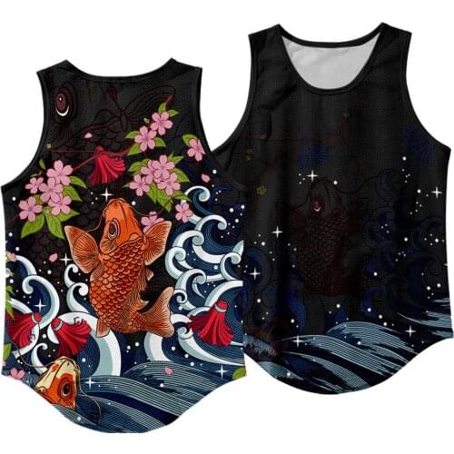 Men Tank Top Beach Wear Vest Gym Bodybuilding Fitness Stringer Undershirt Black Floral Carp Print Tank Tops