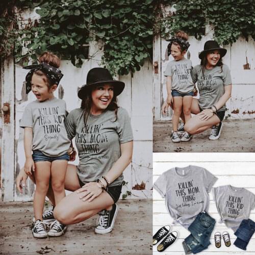 Mother And Kids Tees Women Baby Kids Family Matching Outfits T-Shirt Tops Letter Print Short Sleeve Cotton Grey Tops
