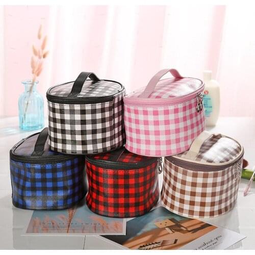 Retro Plaid Makeup Bag Portable Multifunction PU Bucket Wash Bag Large Capacity Korean-Style Printing Travel Storage Bag