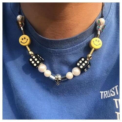 Hiphop Rock Stainless Steel Choker Necklace Men Women Pearl Smile Skull Dice Necklace Couple Jewelry Wuyifan Asap Rocky Fan Gift