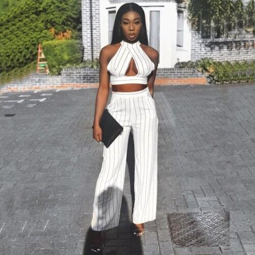 AHVIT Black White Striped Hollow Out Sexy Two Piece Set Halter Off The Shoulder Backless Top And Loose Wide Leg Pants YZ-D905