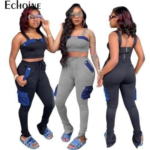 Echoine 2021 Women Stitching denim Set Tracksuit Bandage Crop Tops and Elastic trousers 2 Two Piece Set Sporty Vintage Outfits