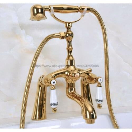 Deck Mounted Gold Color Brass Bathtub Faucet Dual Handles Mixer Tap with Hand Shower Bna134