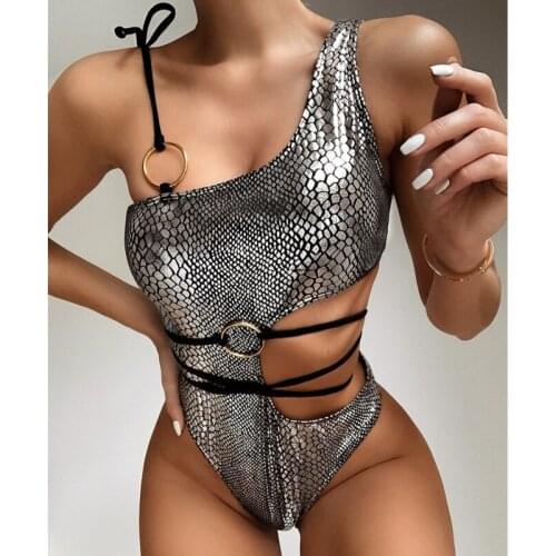 Urifens A piece of monokini With sexy Snake Print Decoration Ring Batsuit Women Lace-Up Bandage 2021 Girl Beach Batsuit LCS34U