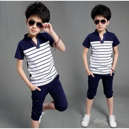 Summer Clothing Sets For Boys 2019 Cotton Big Boy Shirts Pants 2Pcs Casual Striped Boys Suits Teenager Children