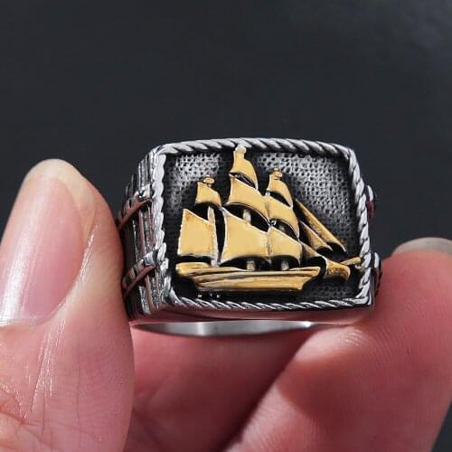 Vintage Viking Sailboat Ring For Men Stainless Steel Biker Ring Cool Male Nordic Viking Sailor Lucky Amulet Jewelry Wholesale