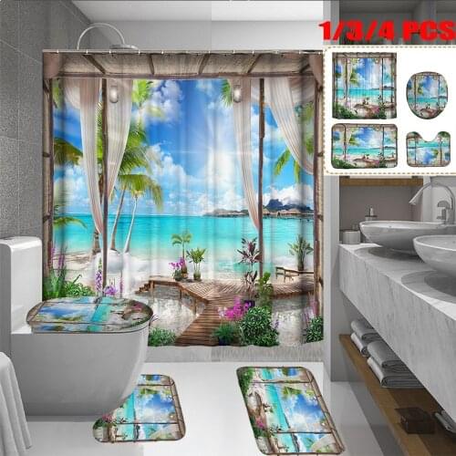 The New 3D Beach Ocean Landscape Printing Shower Curtain Set Toilet Seat Cushion Is Non-slip, Suitable for Bathroom Scenes