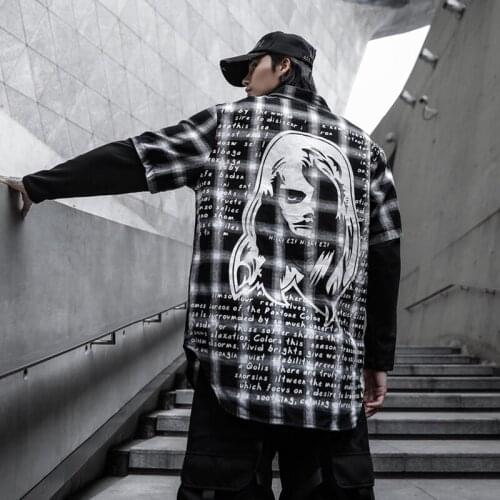 2020 New Autumn Long-Sleeve Patchwork Back Printed Pattern Fashion Mens Plaid Shirts Hip Hop Casual Vogue High Street Clothes
