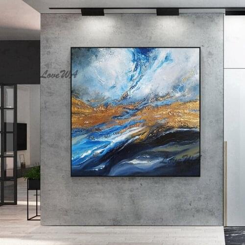 New Painting Home Decoration Modern Hand Painted Abstract Painting With Blue And Gold Texture Large Lliving Room Wall Picture