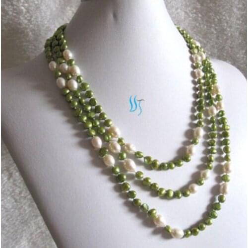 Jewelry Free Shipping 66" 5-9mm White Green Baroque Rice Freshwater Pearl Necklace