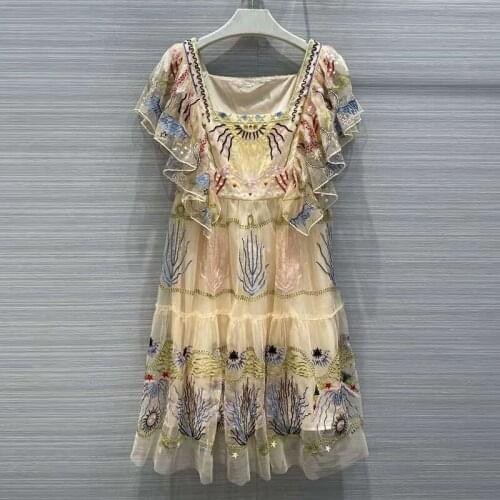 Runway Fashion Women Summer Dress 2021 High Quality Luxury Butterfly Sleeve Flower Embroidery Sequined Slash Neck Ruffles Dress