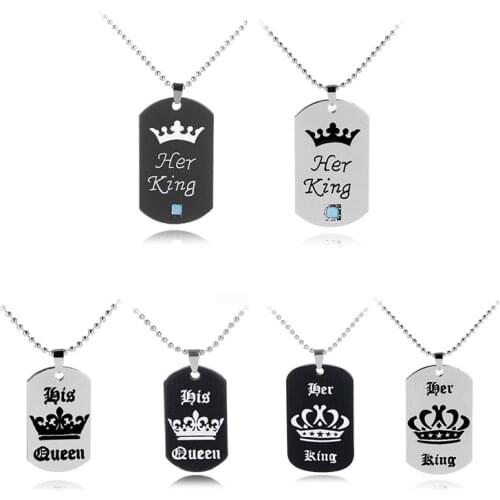 Rectangular Tag Pendant King Queen Crown Pattern Stainless Steel Couple Lettering Square Necklace Wholesale Drop Shipping