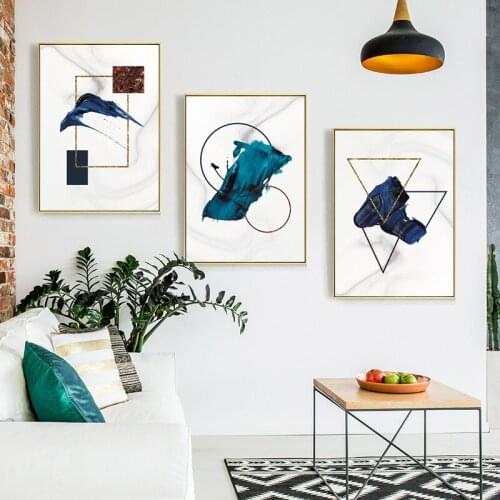 Nordic Abstract Blue Graffiti Geometry Golden Line Black Color Block Canvas Painting Wall Picture Poster Living Room Decoration