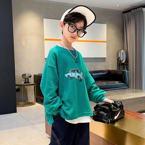 Spring And Autumn Boys Fashion Loose Sweatshirt Teen Long Sleeve Top Boy Cartoon Print White Green Pure Cotton Casual Clothes