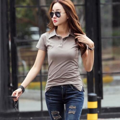 High quality 2018 Summer new Womens short sleeve polos shirts solid color cotton casual womens lapel polos slim womens tees