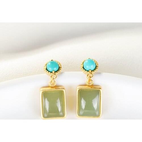 Hetian Jade Earrings Lady Temperament Short and Simple High-Grade Earrings Geometric Niche Exquisite Elegant Sterling Silver Ear