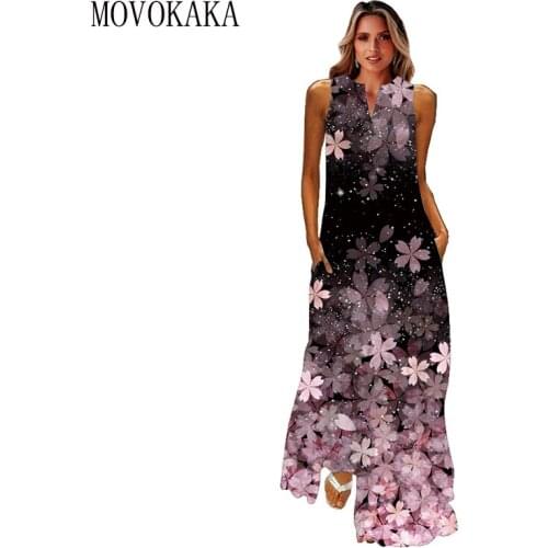 MOVOKAKA Floral Print V Neck Dress Summer Holiday Beach Casual Elegant Vintage Dresses Woman Party Sleeveless Long Dress Women