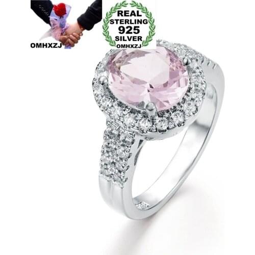 OMHXZJ Wholesale European Fashion Woman Girl Party Wedding Gift White Pink Round AAA Zircon 925 Sterling Silver Ring RR99