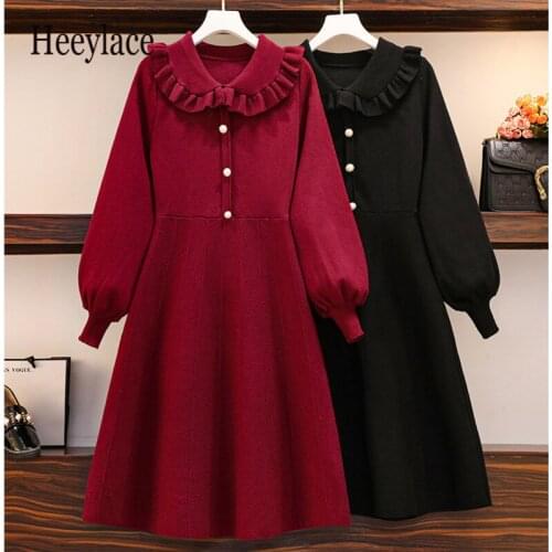 Plus Size Women Red Knitted Dress Winter 2020 Fashion Peter Pan Collar Long Sleeve High Waist A-Line Knee Length Dresses 2020