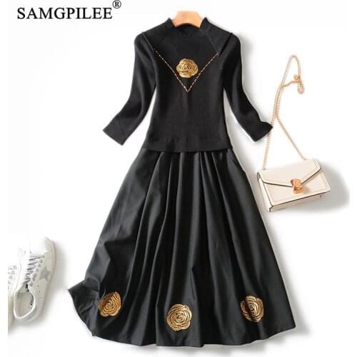 Maxi Dress 2021 New Korean Style Office Lady A-line Solid Full Sleeve Embroidery Mid-calf O-neck Elegant Dresses For Women 4XL