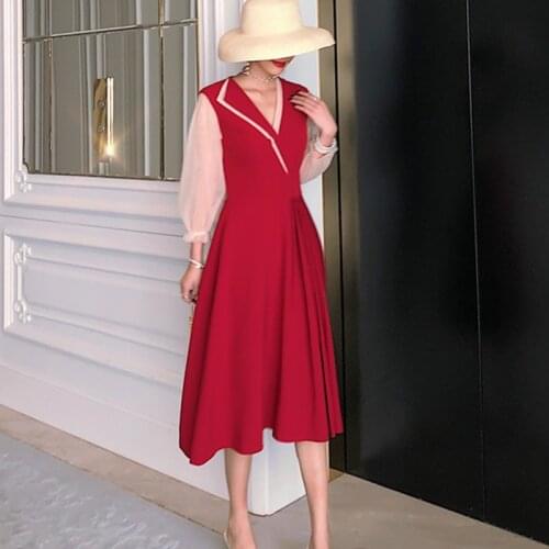 Spring autumn v-neck simple patchwork formal dress temperamental high quality work style elegant personality cute a-line dress