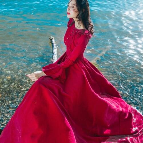 Womens autumn and winter new retro corduroy dress Flare sleeves flounced waist was thin solid round neck Type A dress TB181