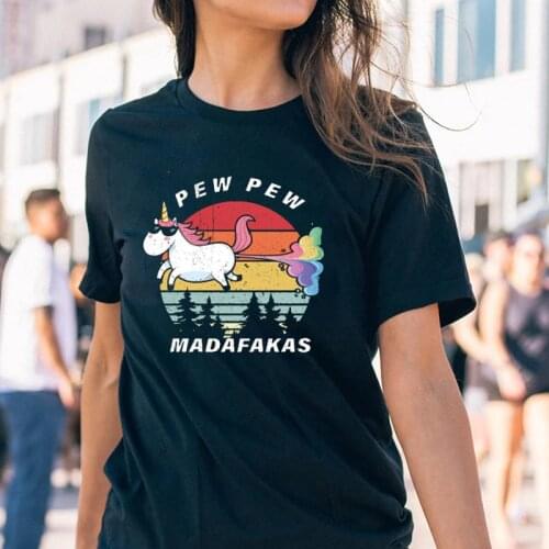2021 Cute Pew Pew Madafakas Unicorn Meme Printed T-Shirt Humor Skull Vintage Funny Skull Graphic Tops Cotton Black White Tee