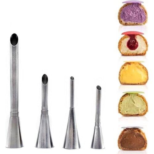 4Pcs Eclairs Puff Nozzle Cupcake Injector Pastry Syringe Cream Piping Tip Nozzles Kit Cake Dessert Confectionery Equipment Tools