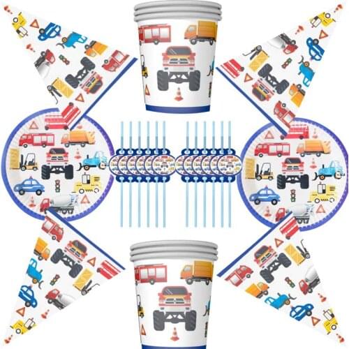 40pcs/lot Happy Birthday Party Engineering Vehicle Theme Plates Kids Favors Cups Straws Baby Shower Decorate Towel Banner