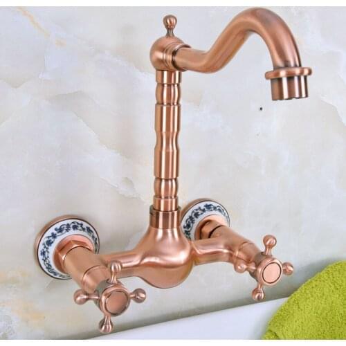 Antique Red Copper Brass Bathroom Kitchen Sink Faucet Mixer Tap Swivel Spout Wall Mounted Ceramic Base Dual Cross Handles mnf942