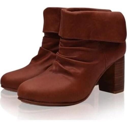 Womens Leather Round Head Thick Hight Heel Short Ankle Boots Autumn And Winter Natural Roll Martin Boots Women Shoes