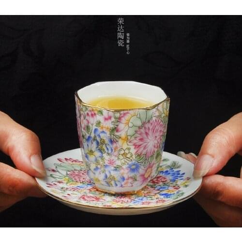 White porcelain cup with saucer, hand painted enamel, gold, star anise tea cup, ceramic single cup, kungfu tea set, tea cup