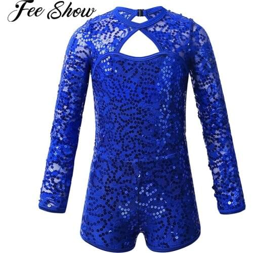 Kids Long Sleeves Shiny Sequins Gymnastics Unitards Jumpsuit Girls Ballet Leotard Stage Performance Jazz Dance Costume