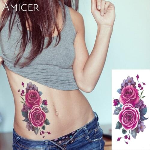 1 piece Indian Arabic Fake temporary flash henna tattoo stickers purple rose flowers arm shoulder leg tattoo waterproof women