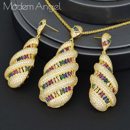ModemAngel 2020 Luxury WATER DROP Cubic Zirconia Statement Necklace Earring Jewelry Set For Dubai Women High Quality Jewelry