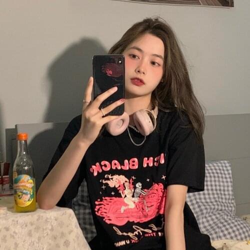 Cute and fun Korean school girl cartoon print loose short sleeve T-shirt female wild round neck