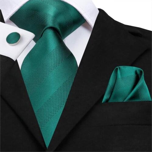 C-3126 Hi-Tie Luxury Silk Men Tie Striped Green Necktie Handkerchief Cufflinks Set Fashion Mens Party Wedding Tie Set 8.5cm