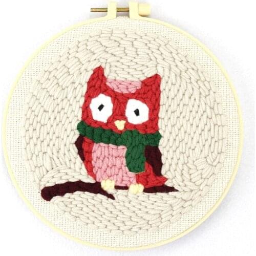 Owl Punch Needle Starter Kit, Beginner Punch Needle Kit with Adjustable Hoop, Yarn, Burlap with a Pattern, English Manual