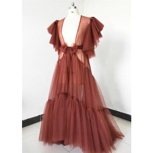 Cheap Illusion Ruffles Night Gowns Sexy Women Lingerie Tiered Sleepwear Nightdress Bridal Boudoir Robe Holiday Wedding