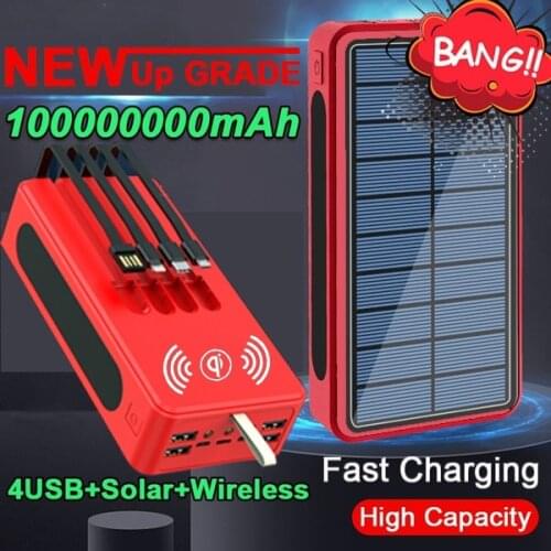 The New Qi Built-in Wireless Charge Power Bank Solar Mobile Power 100000000mAh 4usb Charger 9V4A External Battery Bank