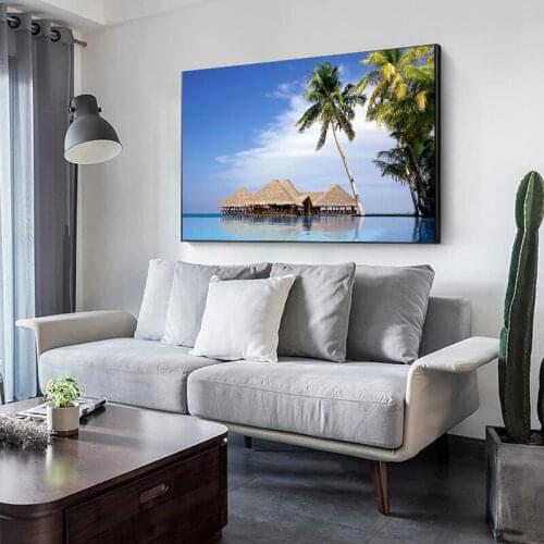 Green Coconut Tree Natural Scenery Canvas Poster Pink Sky Natural Scenery Art Frameless Poster Home Living Room Decor Art Wall