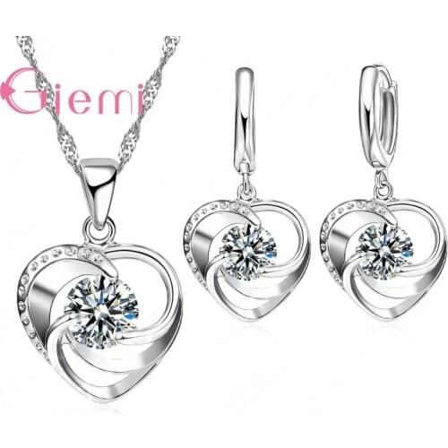 Romantic Gift For Girlfriend 925 Sterling Silver Jewelry Sets Lovely Heart Crystal Necklace Drop Earring Women Wedding