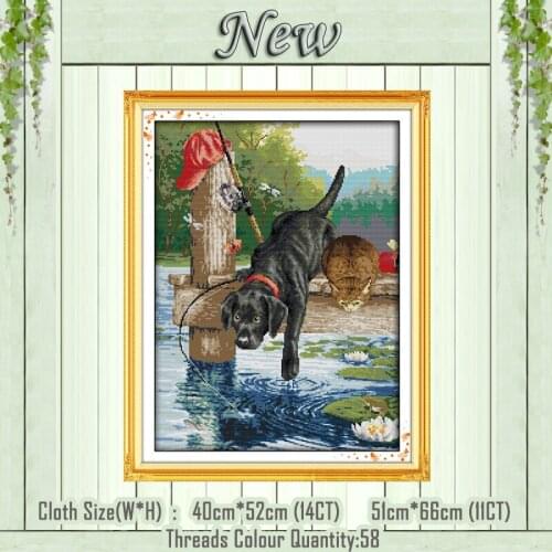 A dog fishing animal painting counted printed on the canvas DMC 11CT 14CT kits DIY chinese Cross Stitch embroider needlework Set