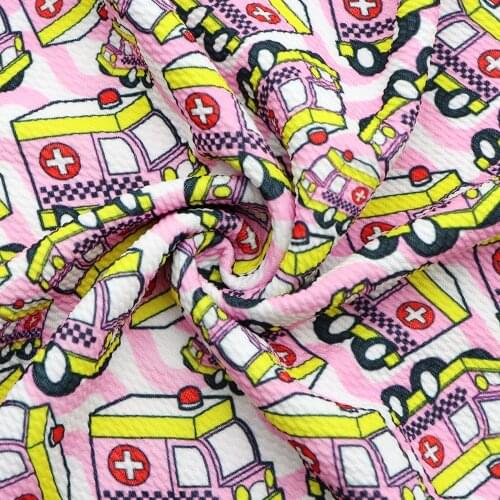 Vehicles Ambulance Fire Truck Print Bullet Fabric Textured Liverpool 4 Way Stretch Spandex Knit Fabric For Baby HeadWrap Bummies